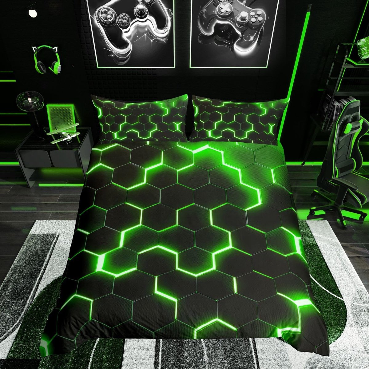 Omgoods - Geometrisch Dekbedovertrek Super King - Neon Licht Honeycomb Design