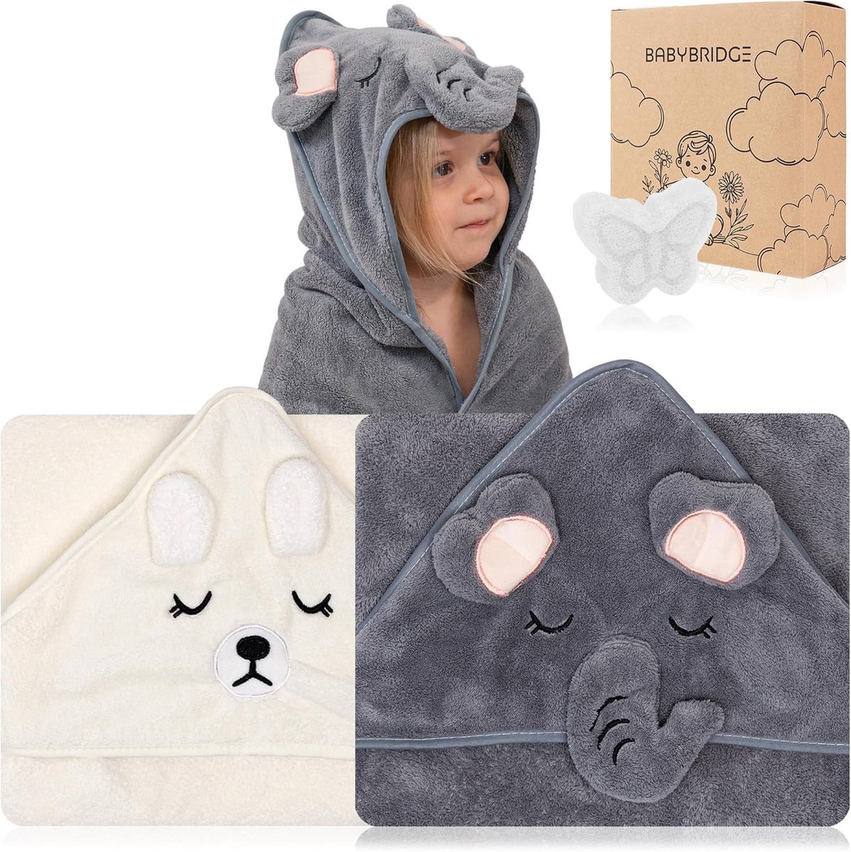 Omgoods - 2 Stuks Baby Badhanddoek + 1 Baby Spons met Kap voor 0-3 Jaar (Grijs/Wit)