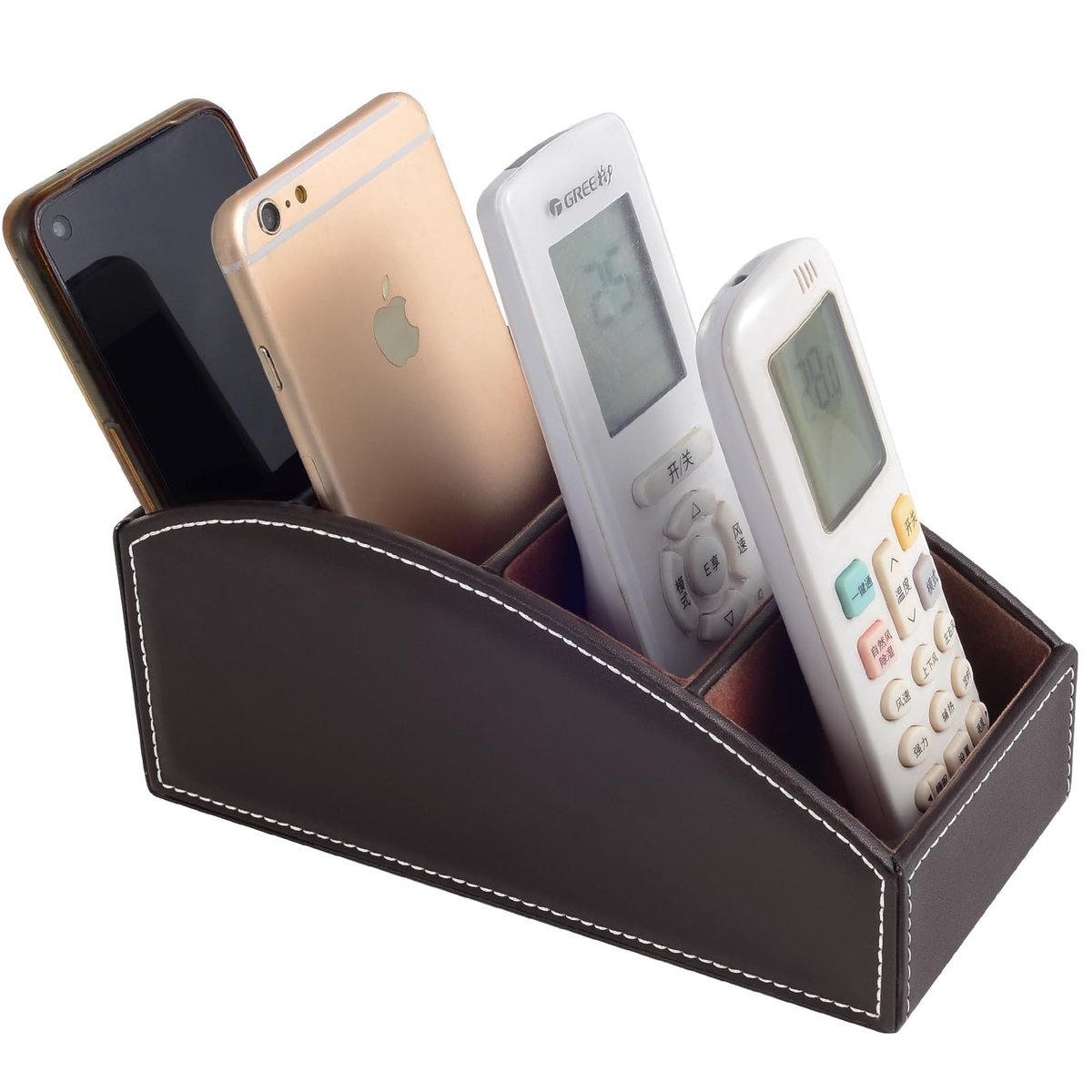 Omgoods - Remote Control TV Holder - Faux Leather Organizer met 4 Compartimenten (Bruin)