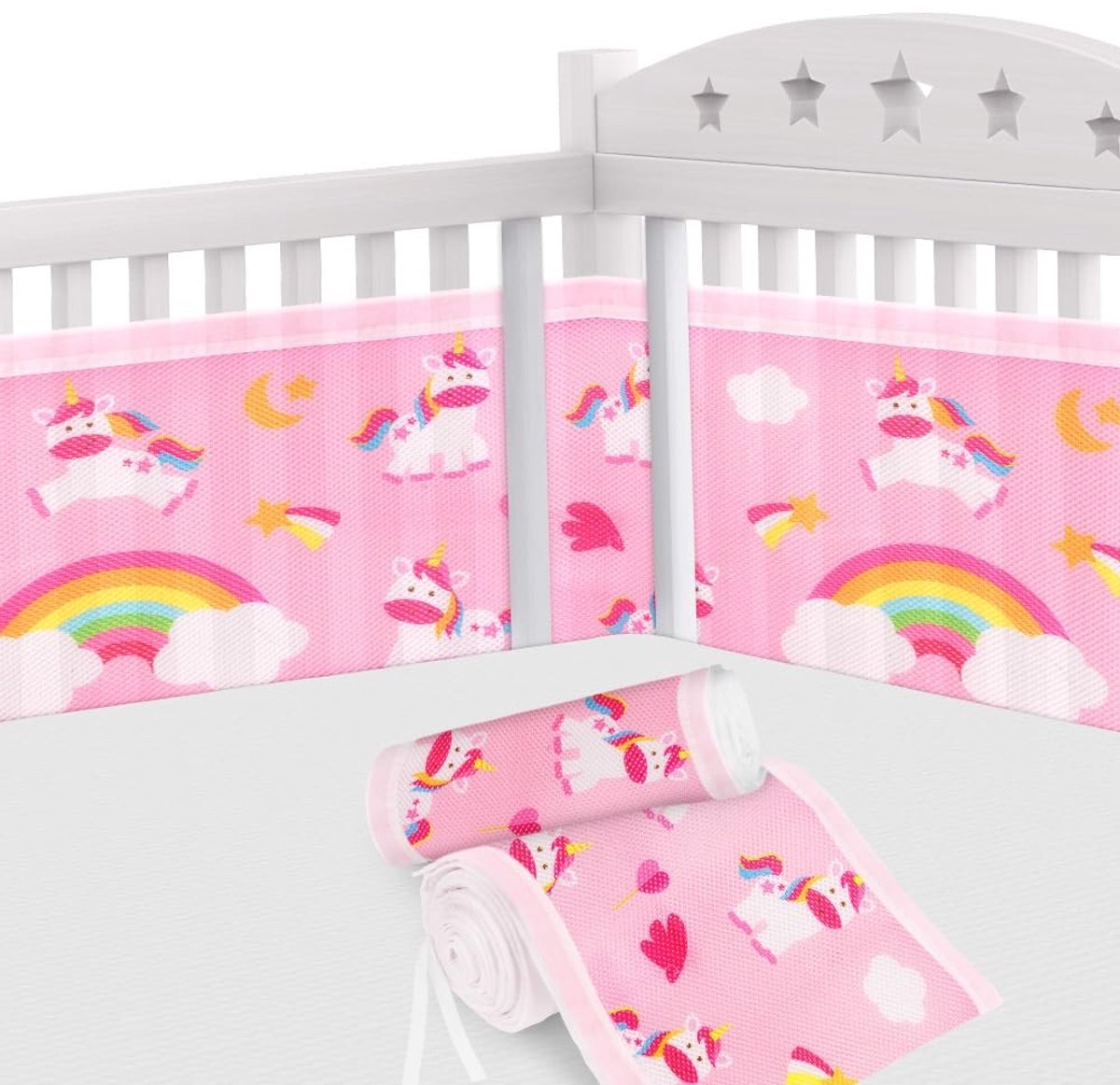Omgoods - Set van 2 Zachte en Ademende Crib Bumpers - Unicorn Roze Achtergrond