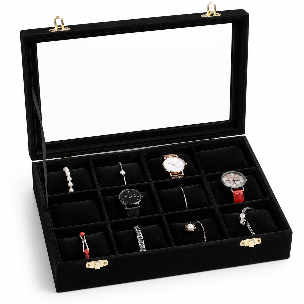 Fliex - sieradendoos - zwart - Sieradendoos met Glazen Deksel Velours – Horloge- en Sieraden Organizer – 12 Vakken – 35,5 x 24,5 x 8,5 cm