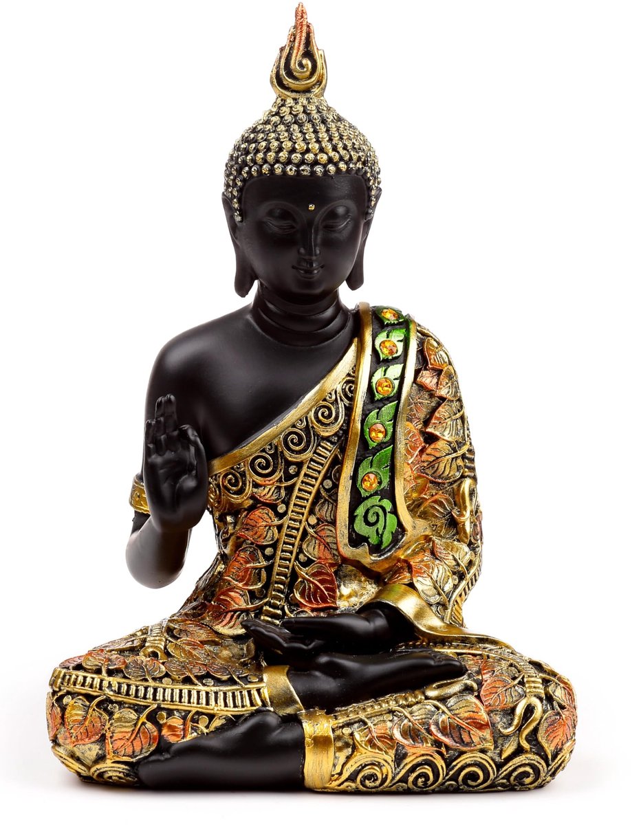 Omgoods - Zwarte & Oranje Gouden Thai Boeddha Meditatie Beeld - Feng Shui Decoratie
