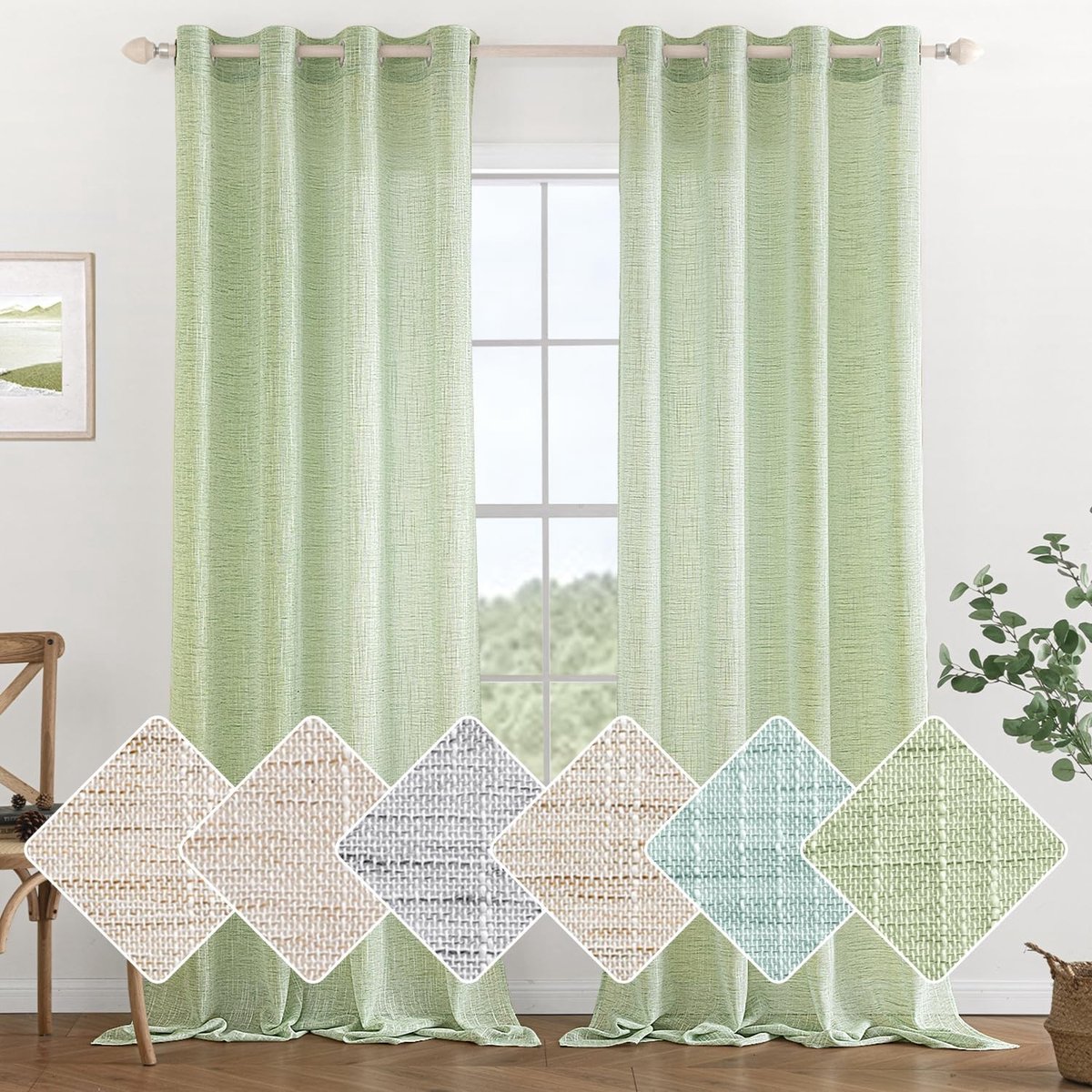 Omgoods - Linnenlook Gordijnen 140 x 260 cm Groen, Set van 2
