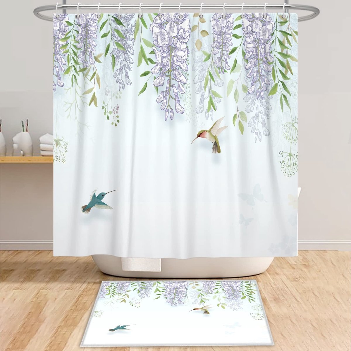 Omgoods - Bloemen Douchegordijn 180x180 cm - Paars Wisteria en Hummingbird