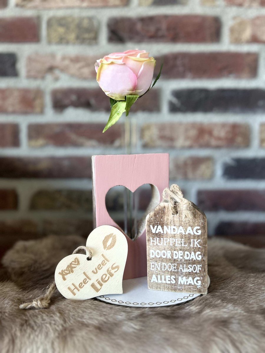 Creaties van hier – Cadeau pakket Hangertje Vandaag huppel ik door de dag - Blok hart roze met buisje en roos – teksthanger vandaag - met houten hartje -