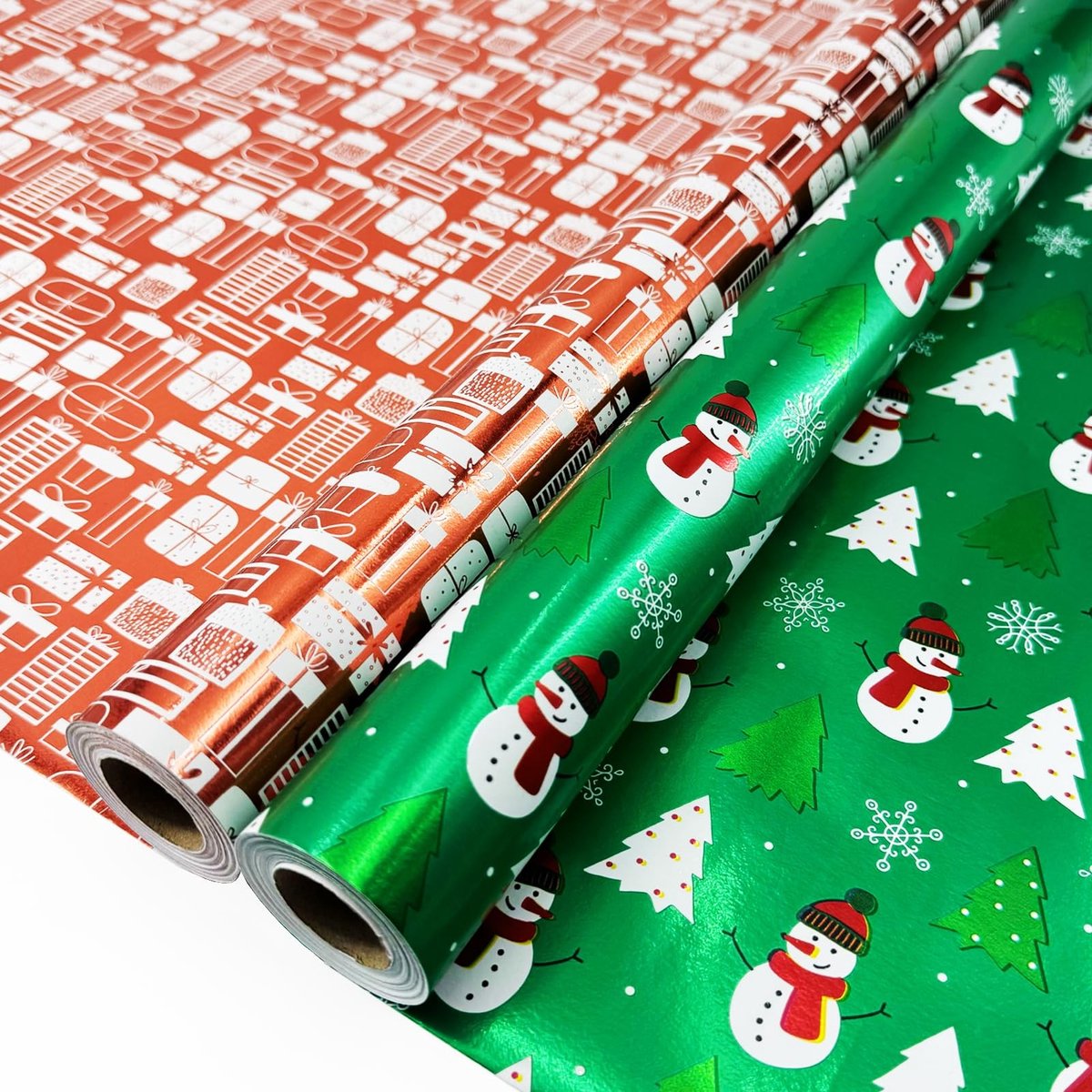 Omgoods - 20 m Metallic Inpakpapier Set - Roodgroen Kerstpapier met Sneeuwpop en Cadeautjespatroon