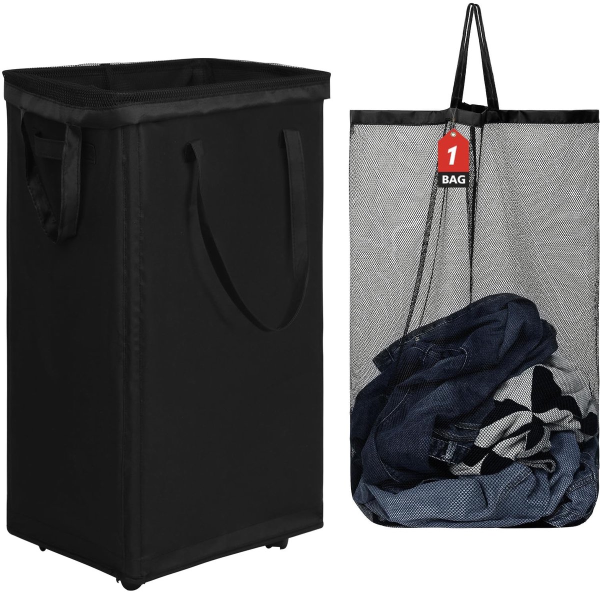 Omgoods - 90L Extra Grote Wasmand met Afneembare Tas op Wielen - Vouwbare Kleding Organizer (Zwart)
