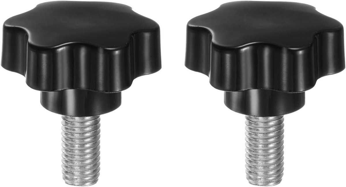 2 stuks sterknoppen M12 x 25 mm schroefdraad van roestvrij staal 304, 46 mm gekartelde knop met 6 sterren gekartelde kopschroef kunststof handgreep, zwart
