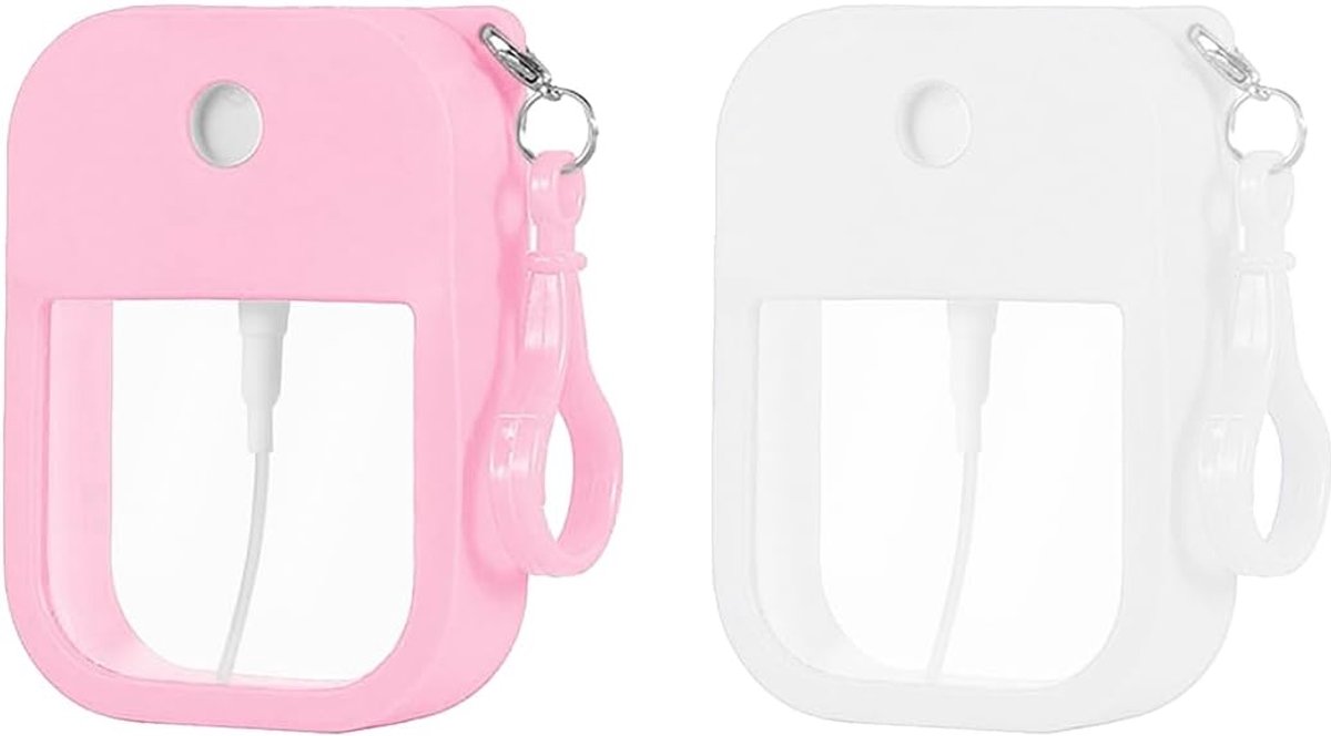 2 stuks glazen mini-parfumflessen, herbruikbaar, parfumverstuiver, olie, fixeermiddel voor cosmetische vloeistoffen, siliconen siliconen sleutelhanger, wit, roze
