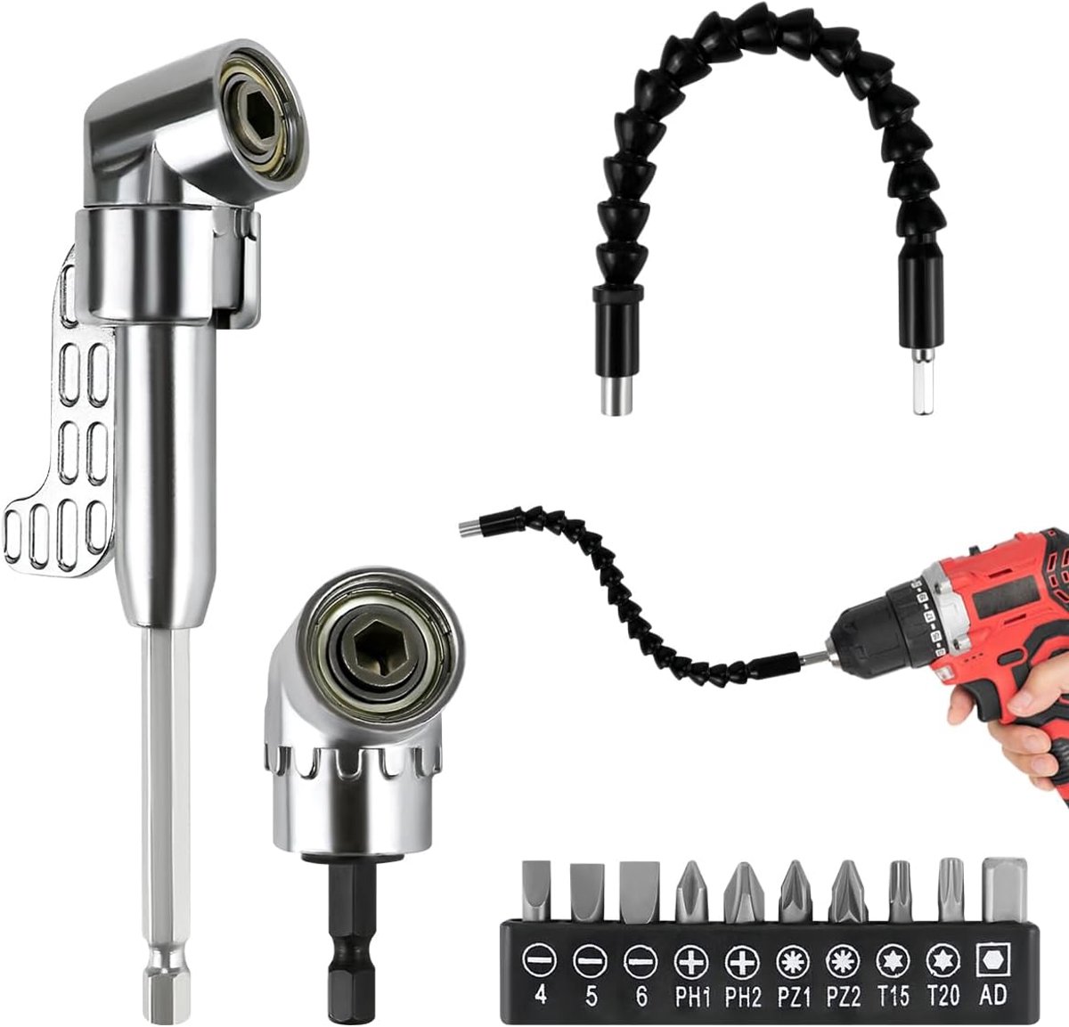 13-delig haakse schroevendraaier set, 105° flexibele schroevendraaier, schroevendraaierverlengstuk, haakse boor, 1/4" korte schroefbits, voor boor, flexibele boorverlengstuk