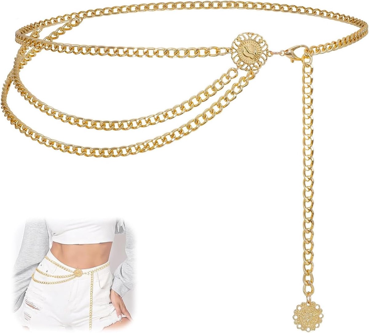 Gouden riem meerlaagse ketting voor dames, verstelbare buikmaat, elegante gouden ketting riem voor jeans en jurken, western cowgirl-stijl, Goud, L