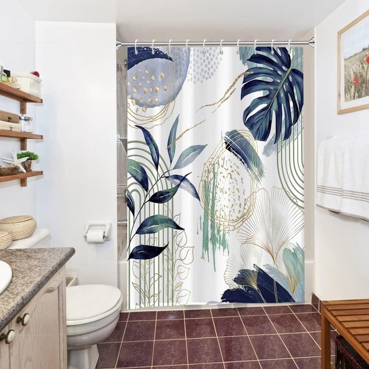 Omgoods - Anti-Schimmel Douchegordijn - 150 x 180 cm, Navy Tropische Palmbladeren