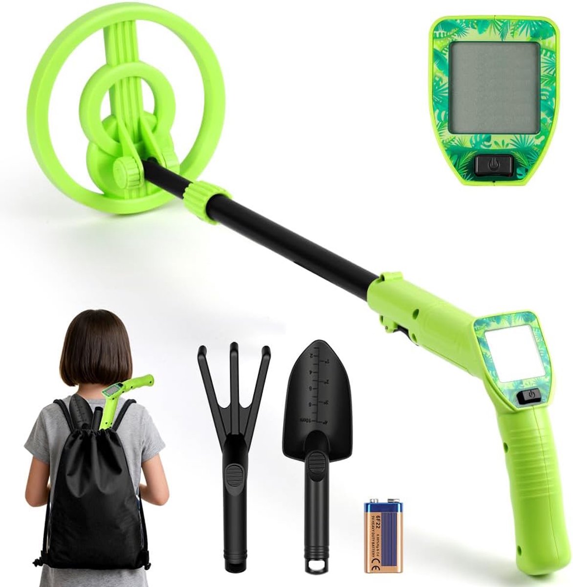 Metaaldetector voor kinderen, zeer nauwkeurige metaaldetector, groen | Met lcd-display en geluidsweergave, waterdichte spoel IP68, voor de jacht op gouden schatten, verkenning in de open lucht