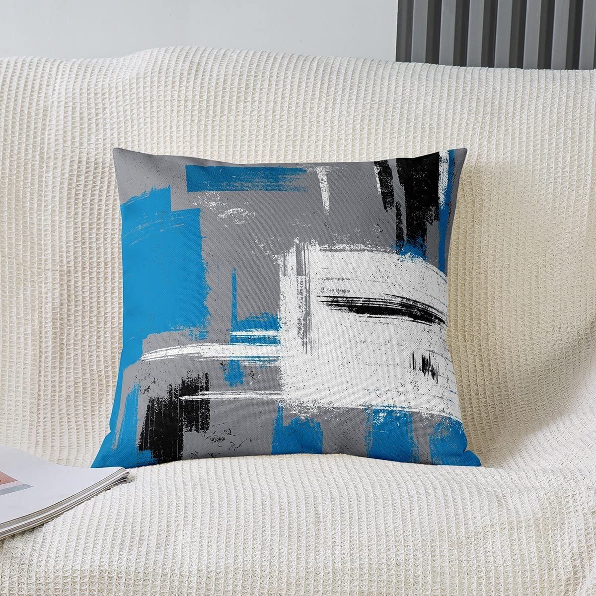 Omgoods - Set van 2 Abstracte Kussenslopen 45x45 cm - Moderne Kunst in Blauw, Grijs en Wit
