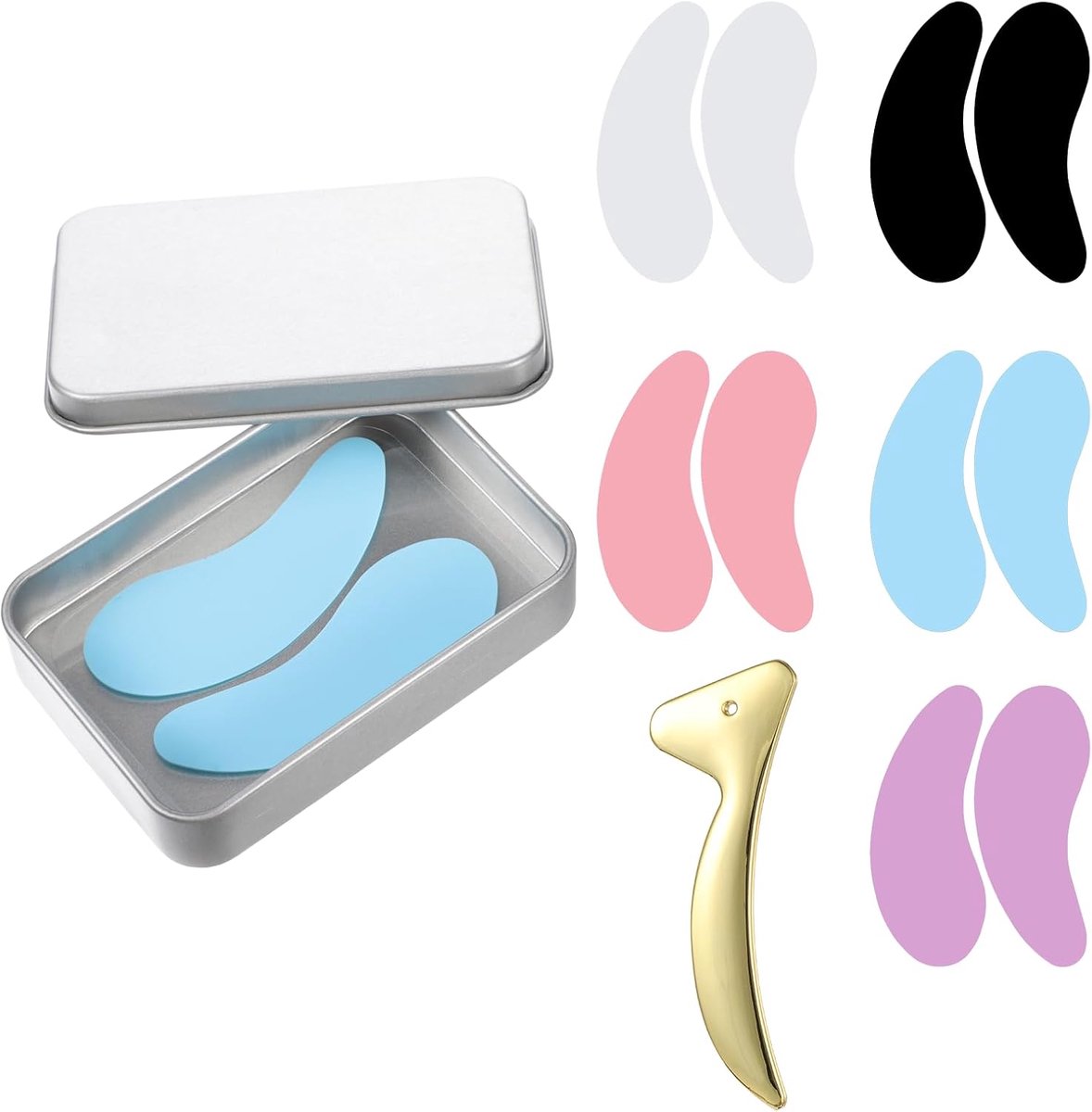 10 stuks siliconen oogpatches, herbruikbare siliconen oogpatches onder de ogen masker herbruikbaar voor 's nachts met metalen oogcrème applicator, blikken doos voor donkere kringen en wallen effect op