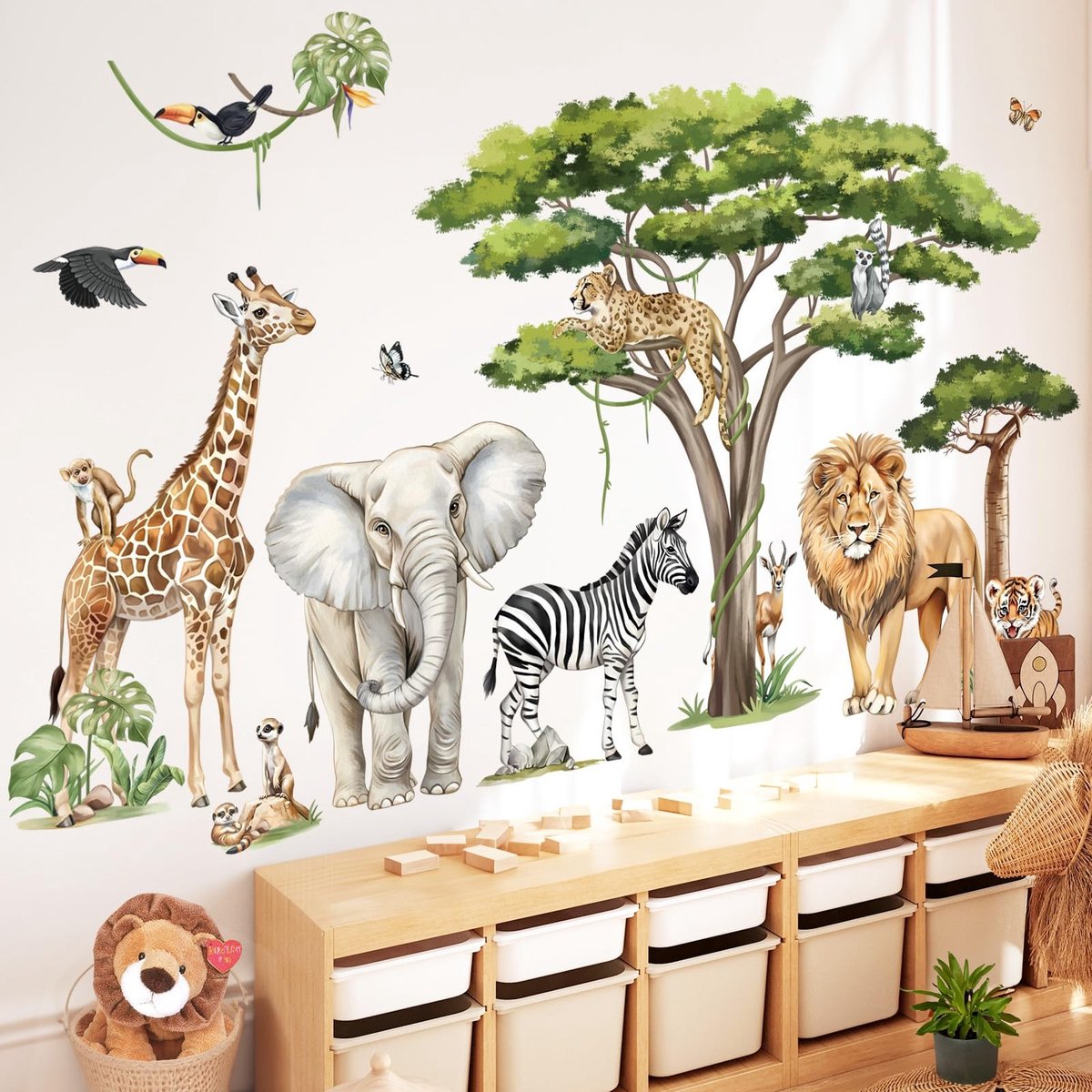 Omgoods- Muursticker Jungle Dieren - Giraffe/Olifant/Leeuw/Luipaard - Muurdecoratie Kinderkamer - Grote Muurstickers - Schilderachtige Cartooneffect - Geschikt voor Glad Oppervlak - Wanddecoratie