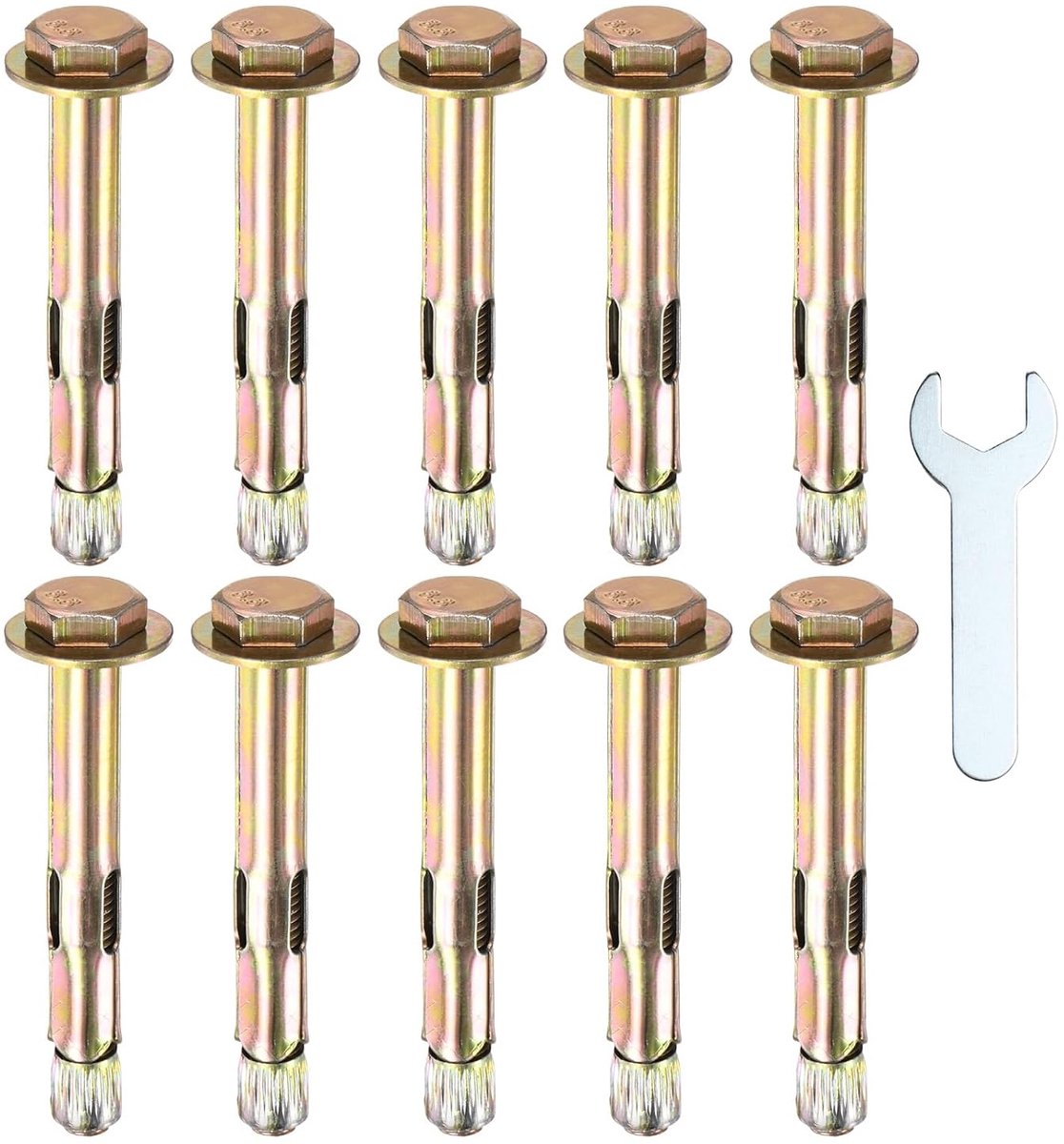 METERXITY 10 stuks zeskantexpansieschroeven, M8 x 70 mm, gekleurd verzinkt koolstofstaal met sleutel van 14 mm, corrosiebestendige metalen bouten voor betonwanden/bakstenen/blokken