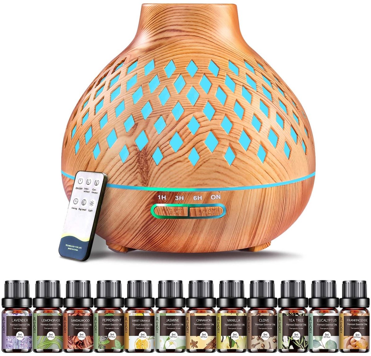 Omgoods - 550ml Aroma Diffuser met 12 Essentiële Oliën - Ultrasonische Luchtbevochtiger met LED Verlichting