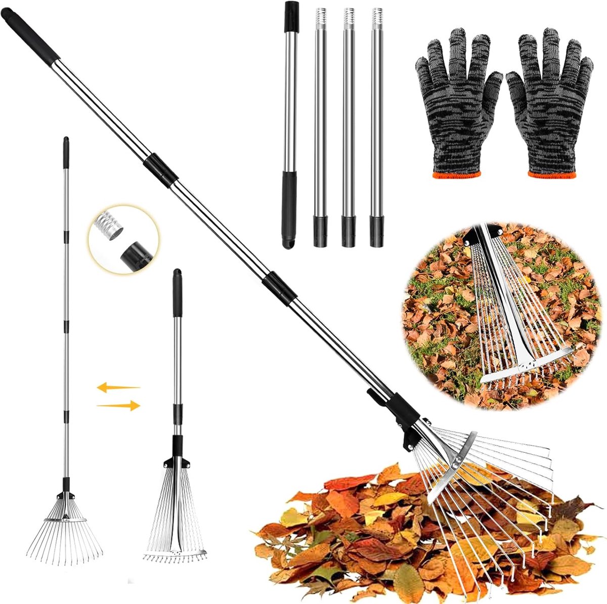 Gazonhark met steel, lauwbrek, metaal, hark tuin, bladbezem, verstelbare waaierbezem, 15 tanden, instelbare breedte (19-37 cm), instelbare lengte (44,5-207 cm)