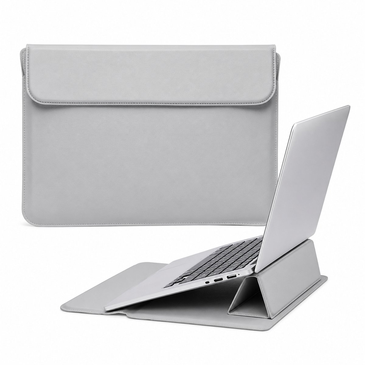 VHV - Laptophoes met Laptopstandaard 15-16 inch - Waterafstotende PU Sleeve met Polssteun en Magnetische Sluiting - Grijs