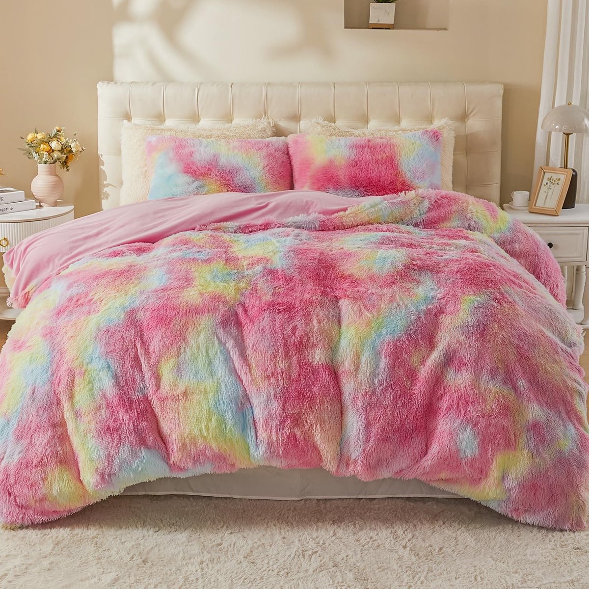Omgoods - Pluche Dekbedovertrekset 3-delig 200 x 200 cm in Regenboogkleuren