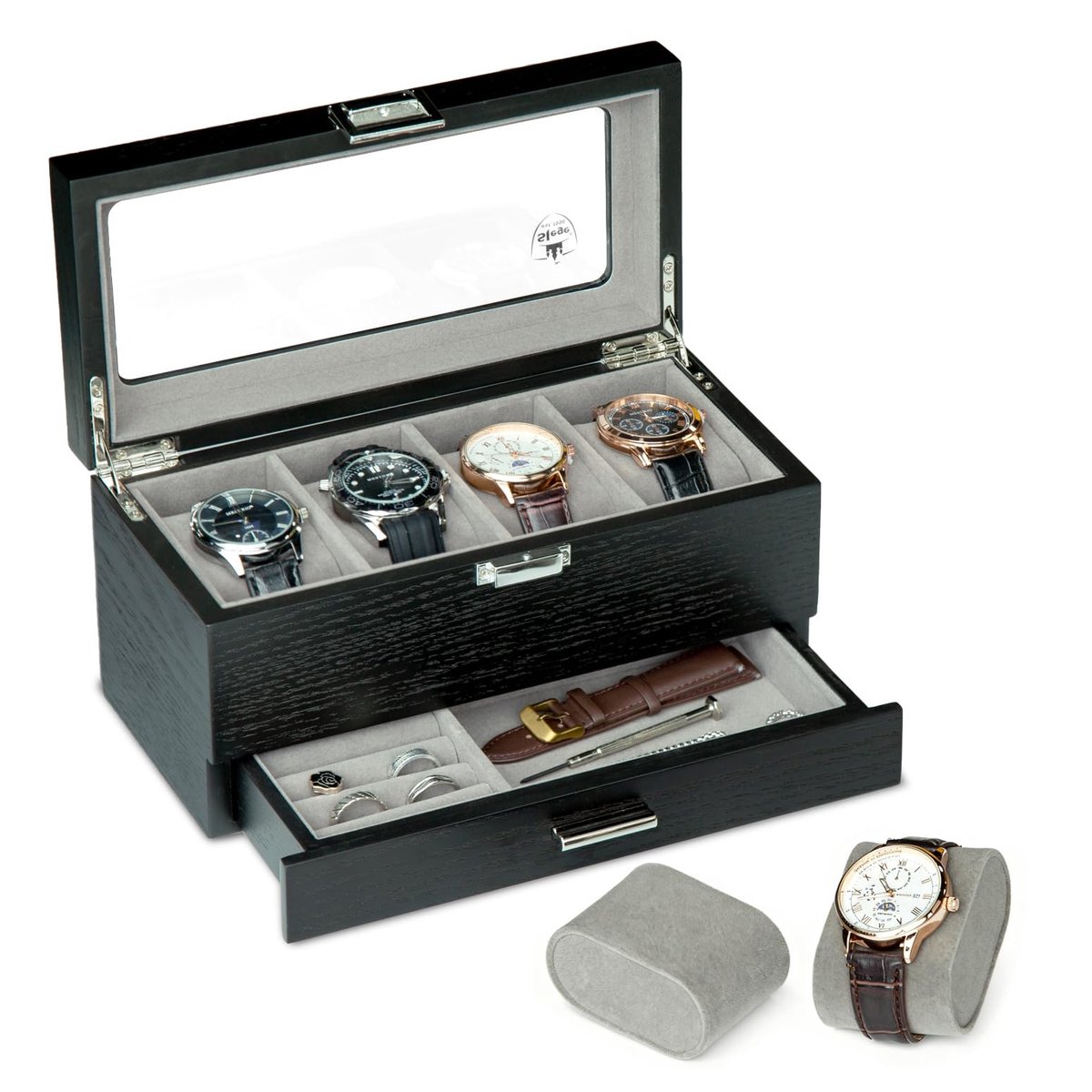 Omgoods - Handgemaakte Houten Horlogebox met 4 Slots en Lades - Elegante Bewaaroplossing voor Horloges