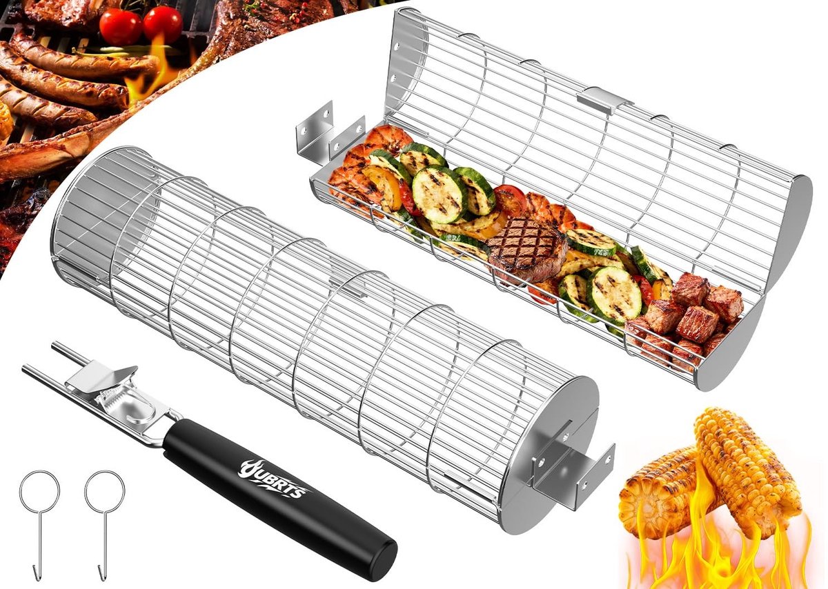 Omgoods - Rolling Grill Baskets - Set van 2 Grill Mandjes met Houten Handvat