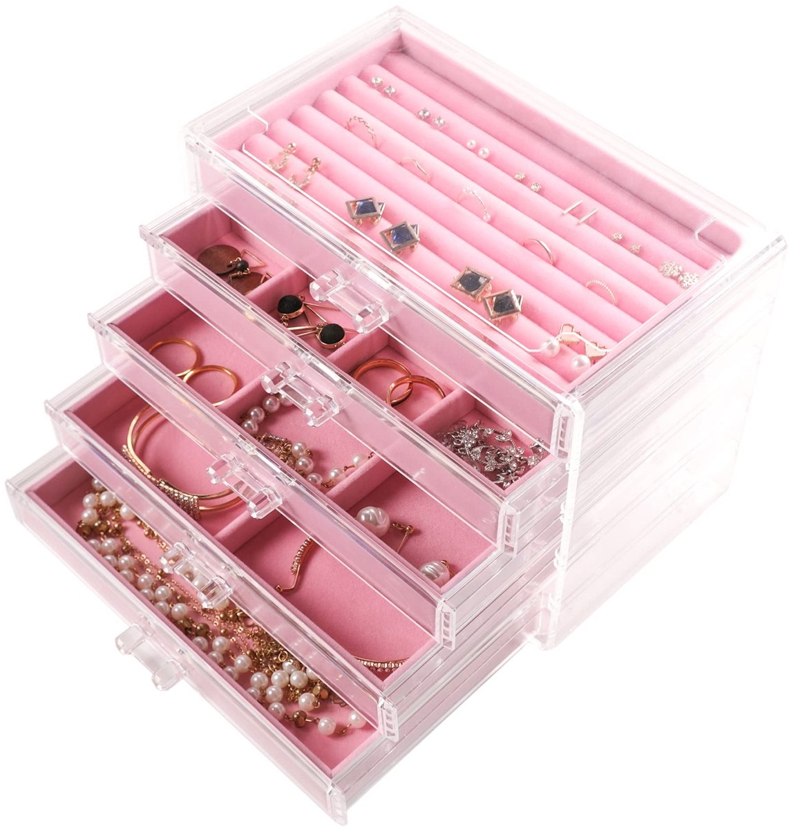 Omgoods - Extra Large Acryl Sieradenbox voor Vrouwen - 5 Laags Transparante Organizer (Roze)