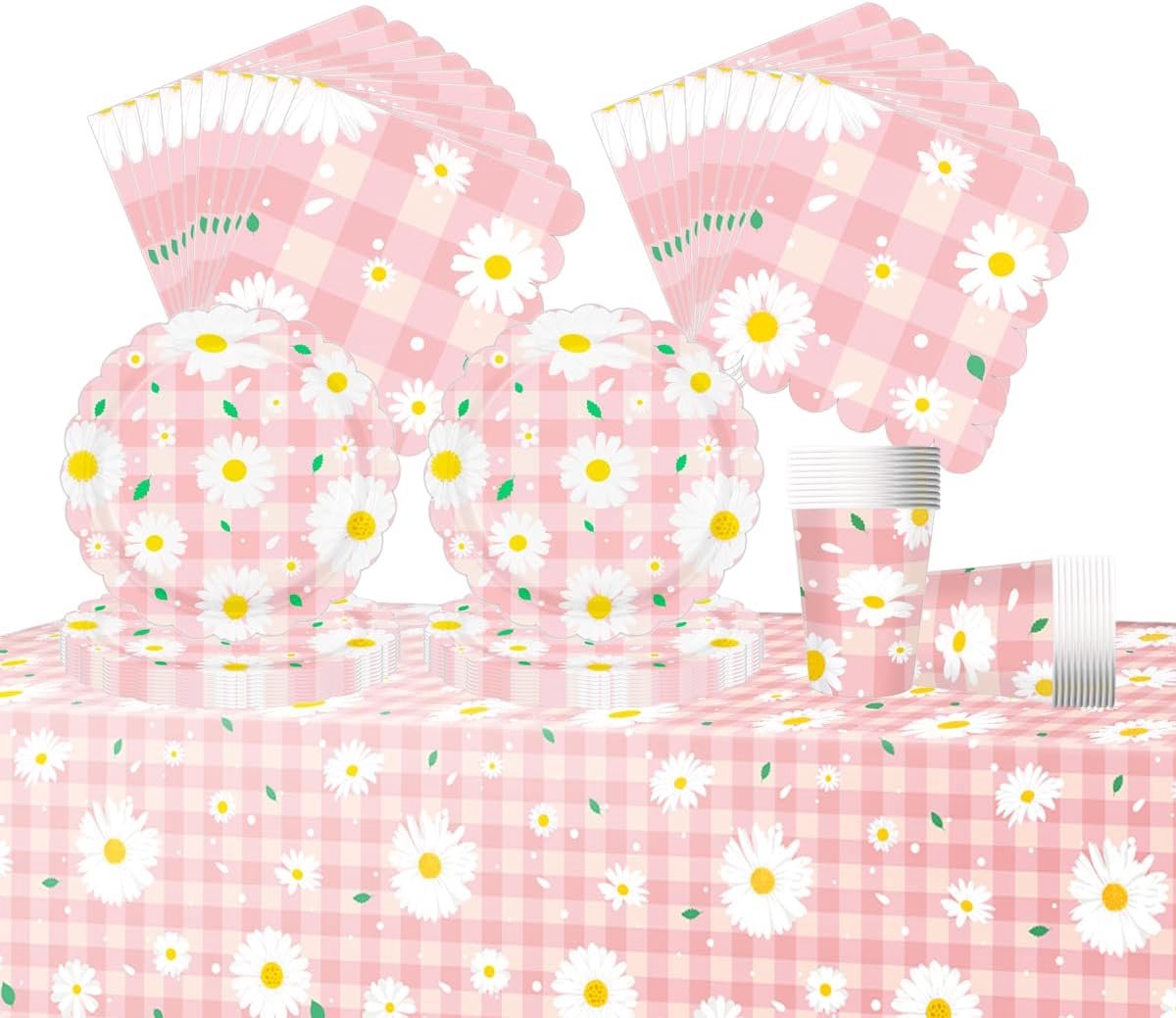partyservies, 61-delige set verjaardagsservies, bloemenmotieven, feestdecoratieset, inclusief borden, kopjes, servetten en tafelkleden