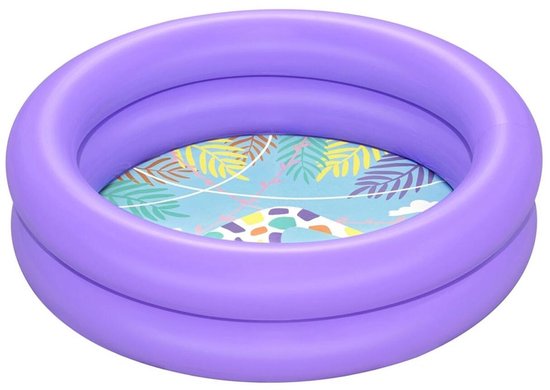 Paars opblaasbaar kinderbadje met een kleurrijke jungleprint op de bodem.
