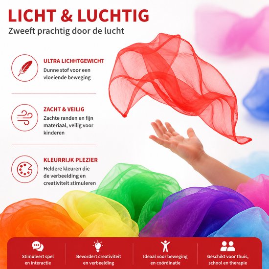 Heldere rode sjaal zweeft in de lucht, omringd door andere gekleurde sjaals. Kenmerken: ultralicht, zacht en veilig, kleurrijk plezier.