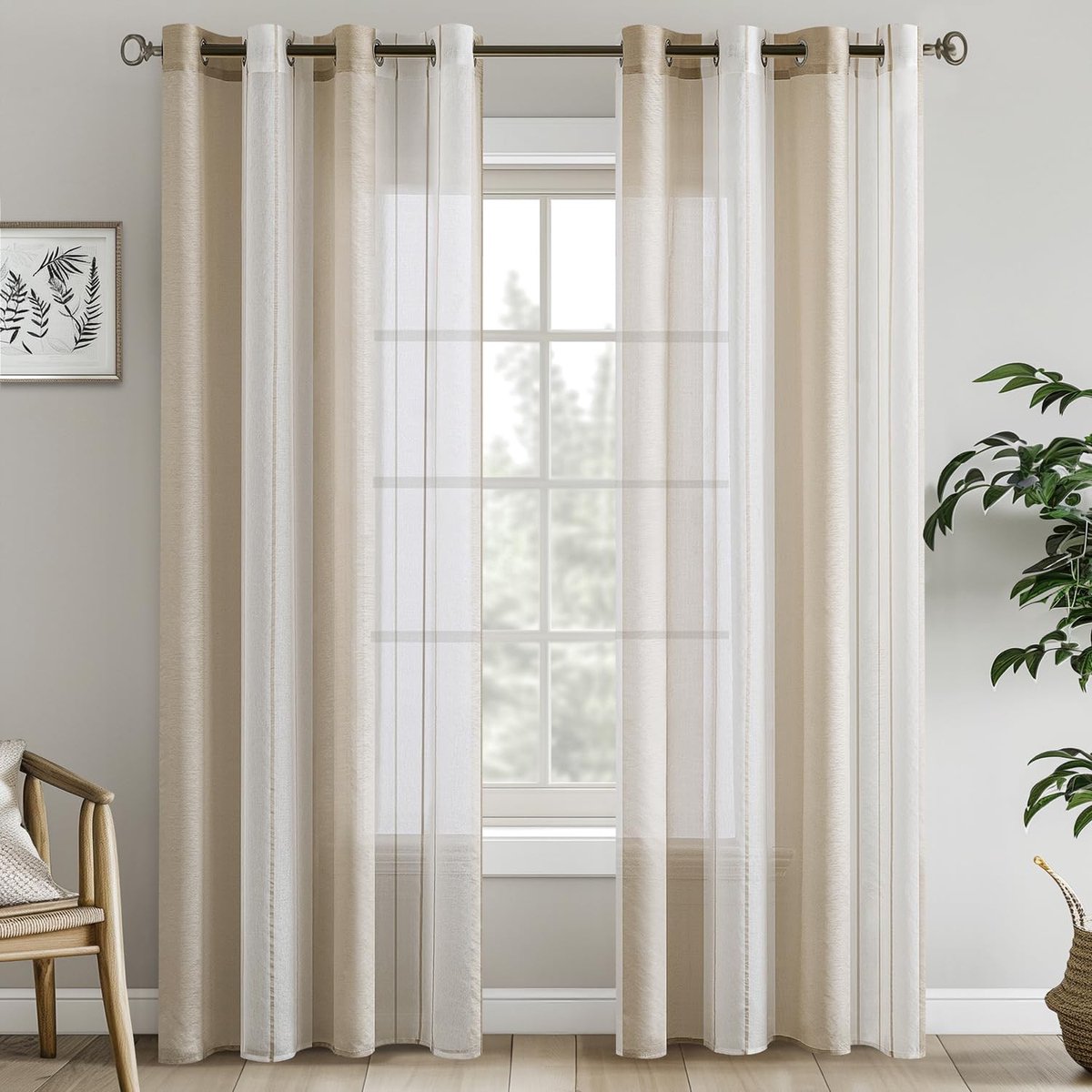 Omgoods- Gordijnen met inslagringen - Set van 2 stuks - Semi-transparant - Modern gestreept - Elegant patroon - Lichtdoorlatend materiaal - Raamdecoratie