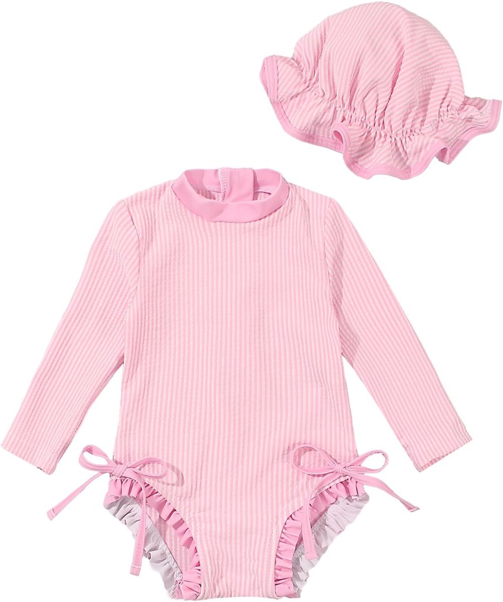 Babybadpak voor meisjes met zonnehoed, lange mouwen, uv-bescherming, badkleding voor baby-meisjes, badmode, zwempak