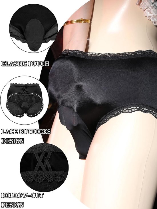 Kanten ondergoed voor heren, sexy Sissy Pouch Panty, satijn, elastische kanten slips met zak, M-XL — afbeelding 3
