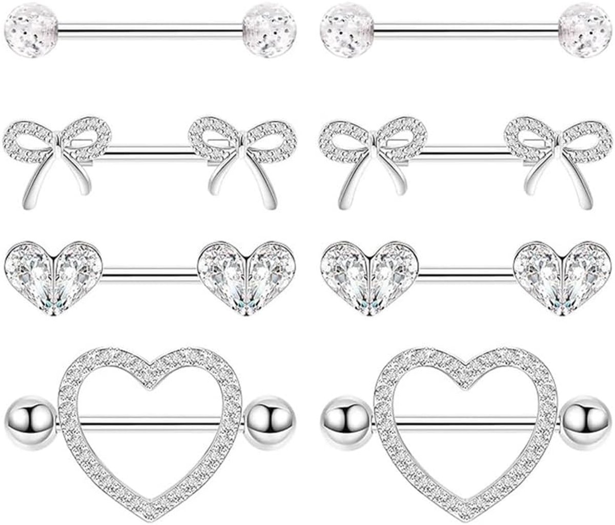 4 paar 14G tepelpiercing chirurgisch staal voor dames body piercing roestvrij staal hart barbell schattige strik tepelpiercing sieraden