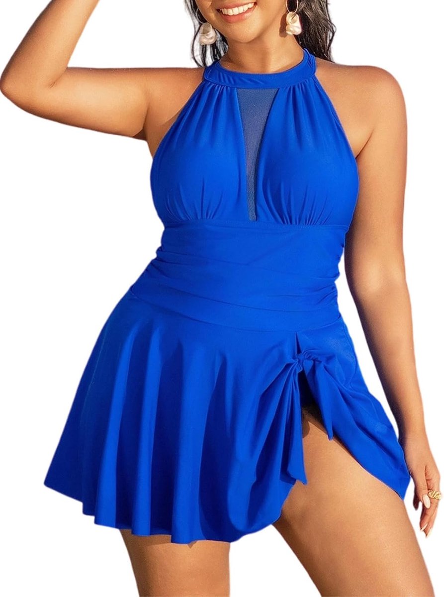 badpak voor dames, grote maten, sexy haltertop, buikweg-badjurk met cups en rok