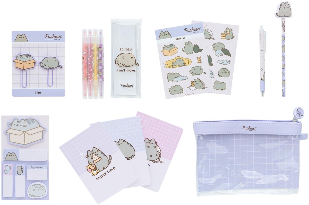 Omgoods- Briefpapier Set - Etui met A6 Notitieblokken - Pennen - Plaknotities - Paperclips - Stickers - Schattige Pusheen Ontwerpen - Schrijfwaren