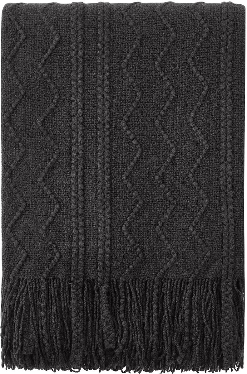 Omgoods - Zachte Gehaakte Sofa Dekentje Zwart - Decoratieve Plaid 127 x 152 cm