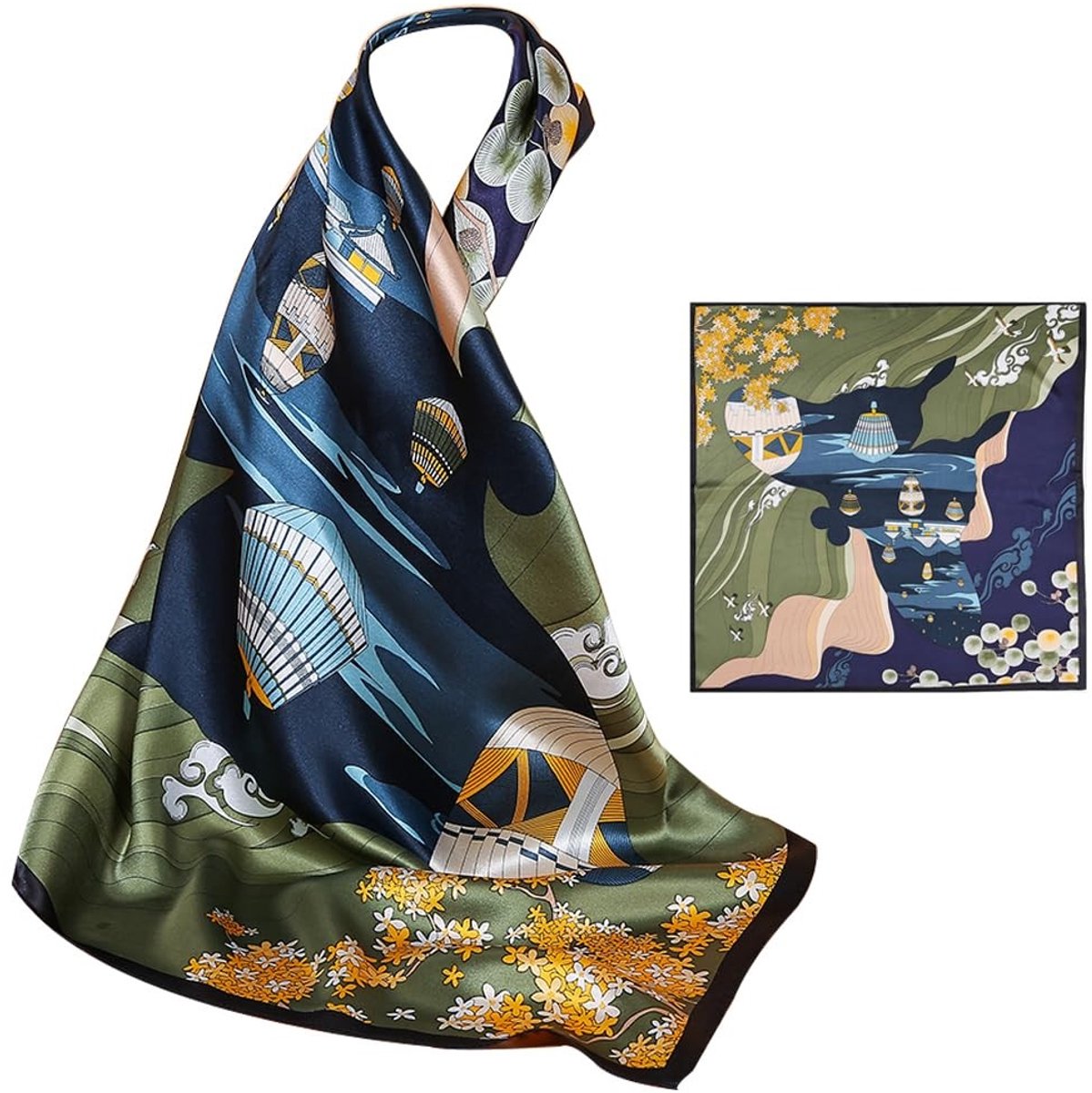 Omgoods - 100% Natuurlijke Moerbeizijde Sjaal met Grafisch Print - 26x26 Inch voor Vrouwen