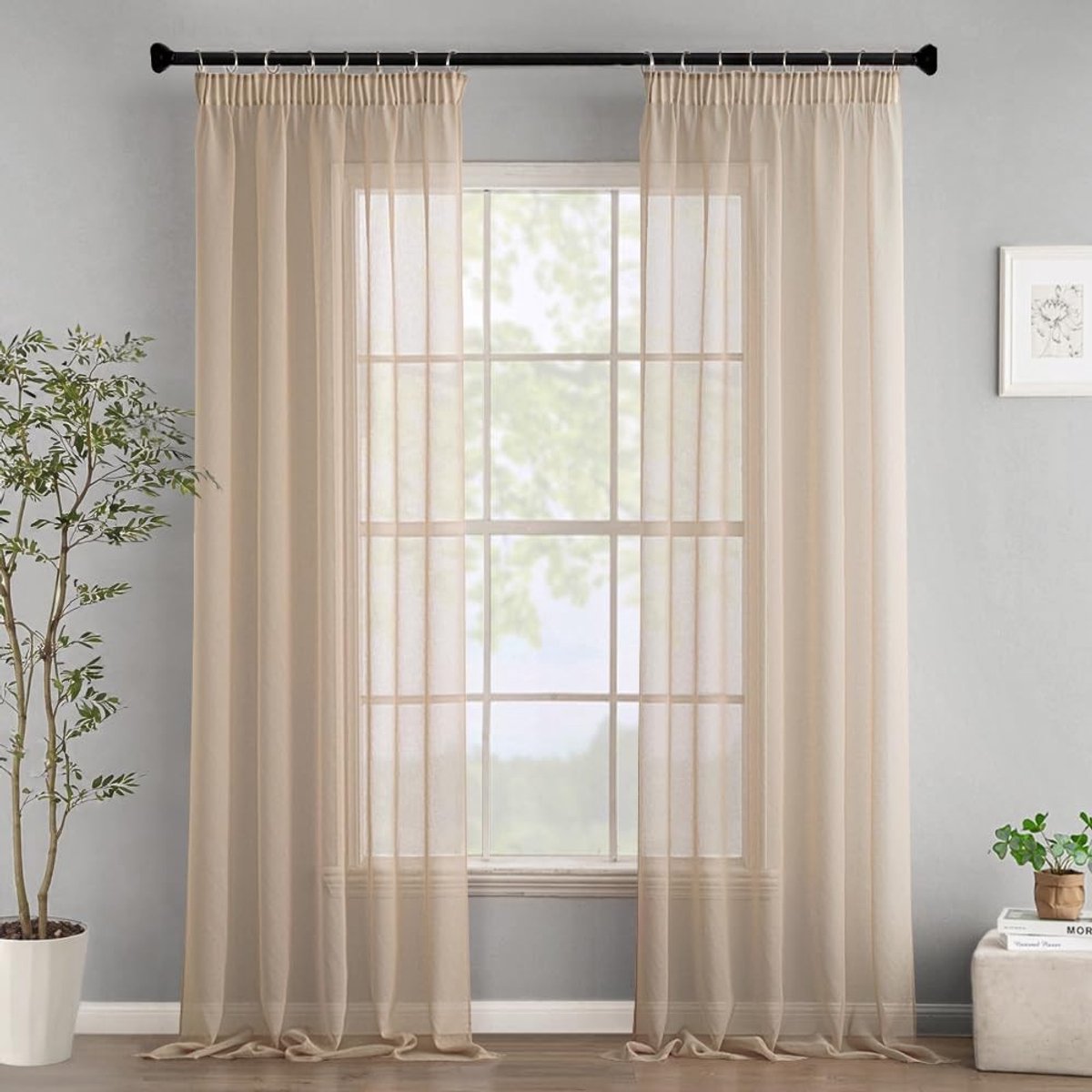 Omgoods- Raamgordijnen set van 2 - Transparant - Vitrage met plooiband - 140x225cm - Moderne decoratie - Hoogwaardig polyester - Gordijnen