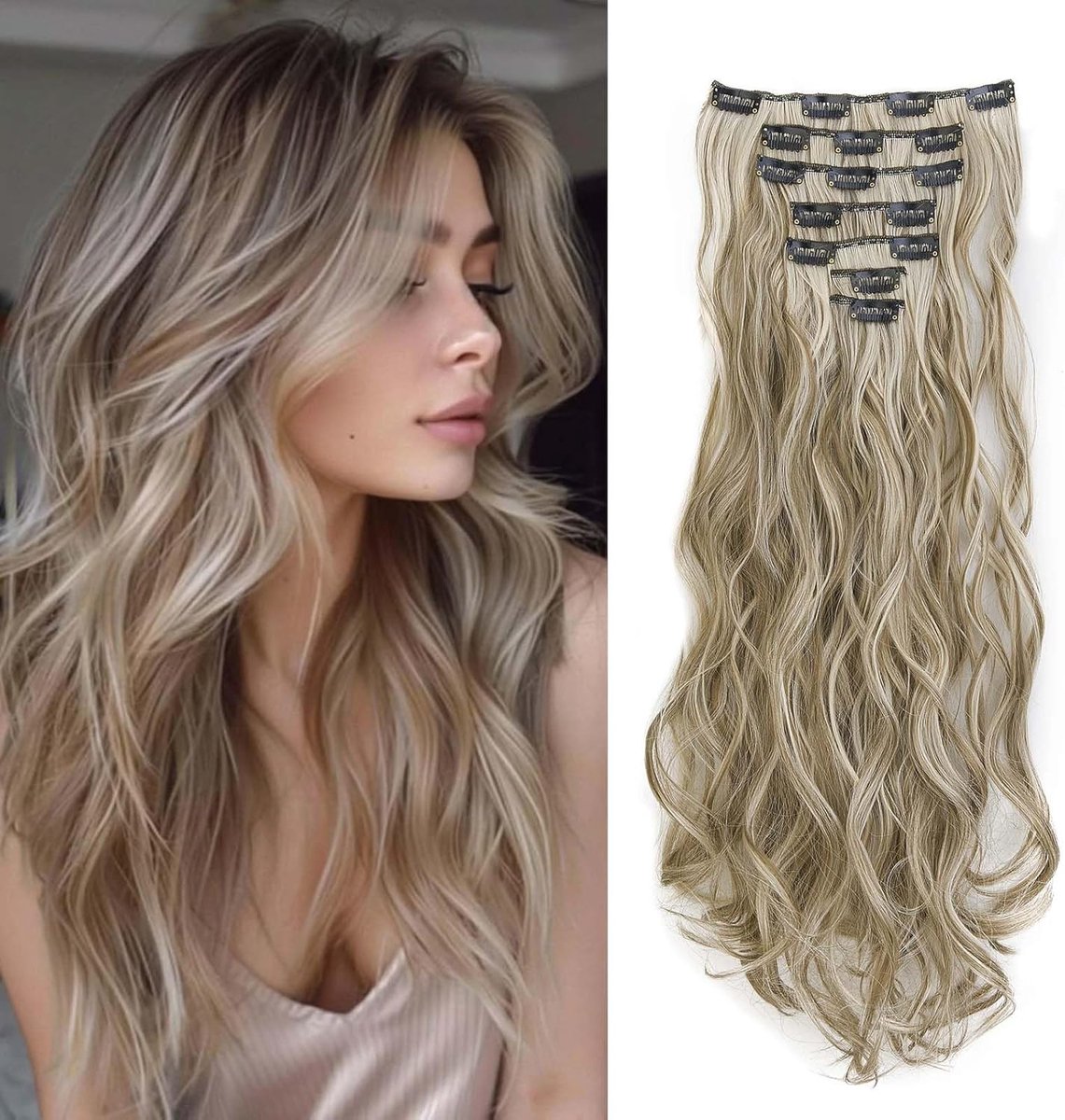 50 cm Clip-in extensions Haarstuk Haarverlenging als echt haar Krullen 7 banen Clip-in haarverlenging Haarverlenging Golvend Voordelig Synthetisch haar Golvend Lang, Goudbruin/Blond