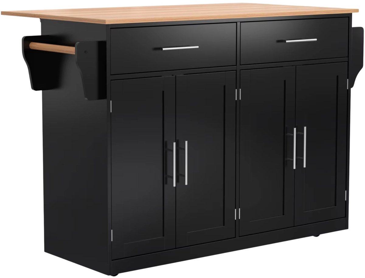 Keukenkast met Werkblad en Inklapbaar Tafelblad - met Wielen en Houten Poten - Zwart - voor Keuken en Eetkamer