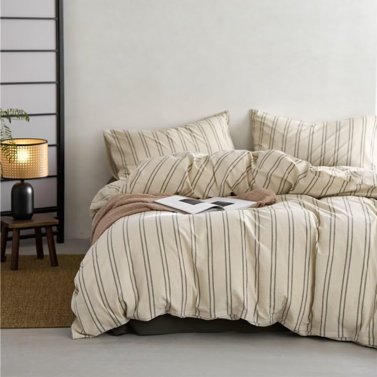Omgoods - Beige Dekbedovertrekset met Groene Strepen, 3-delig, 100% Katoen