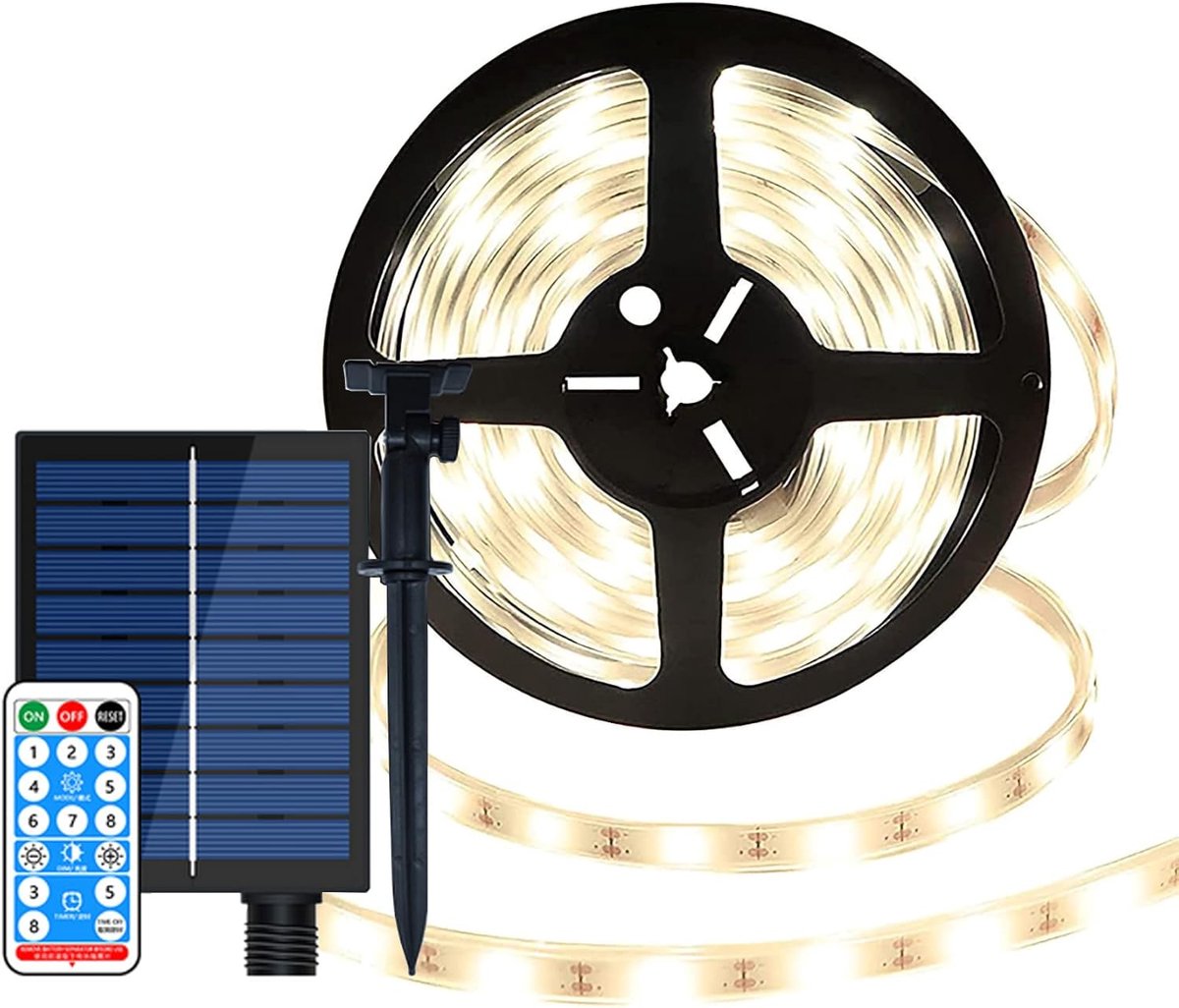 LED Strip Verlichting 10m 240 Led Waterdichte Cuttable Rope Lights Buiten Flexibele Solar Light 8 modi met Afstandsbediening voor Buiten Tuin, Bomen, Terras (Warm wit)