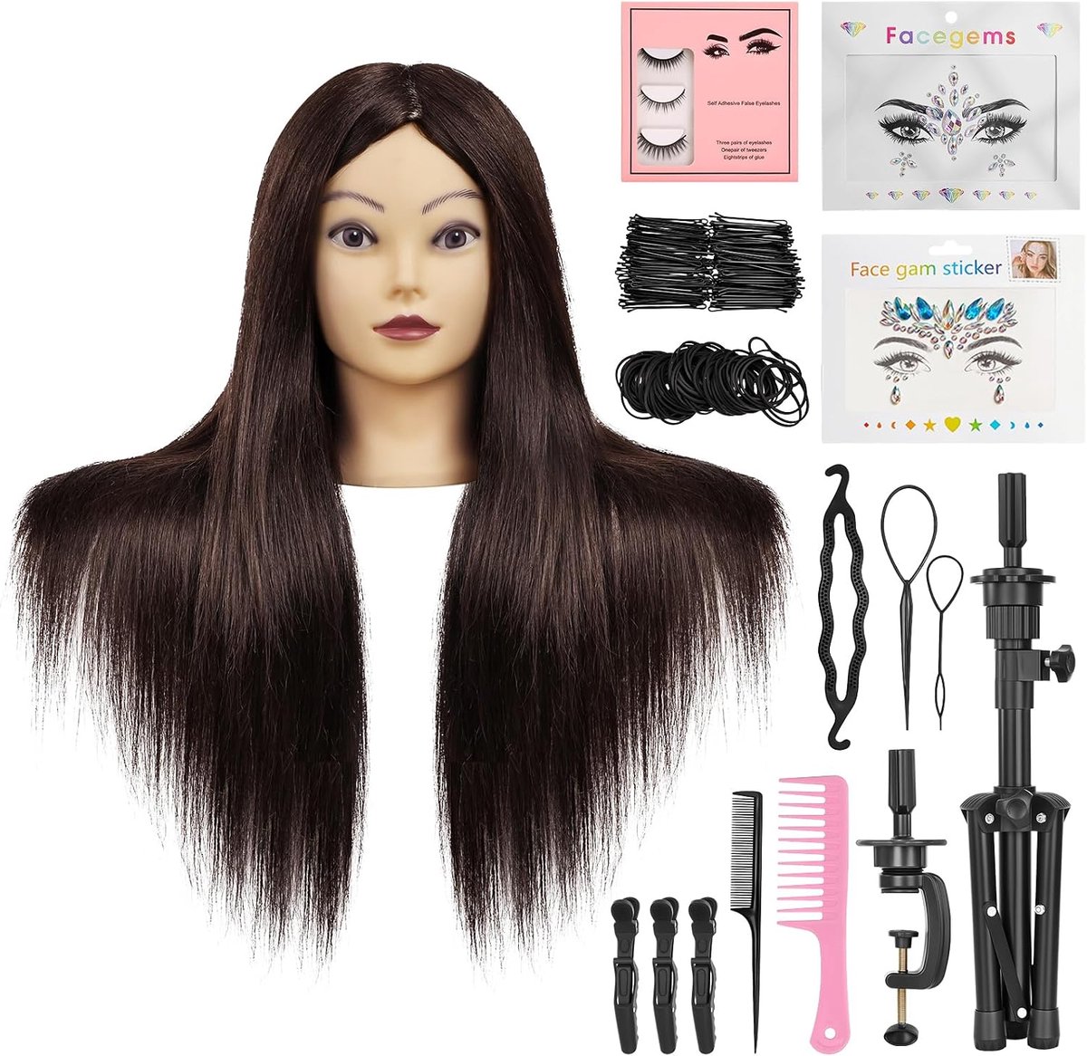 Kappershoofd met statief, trainingskoppen met 90% echt haar, 58 cm, etalagepop om te stylen, voor cosmetica-trainingen en haarstyling, stylingkop met tafelklem