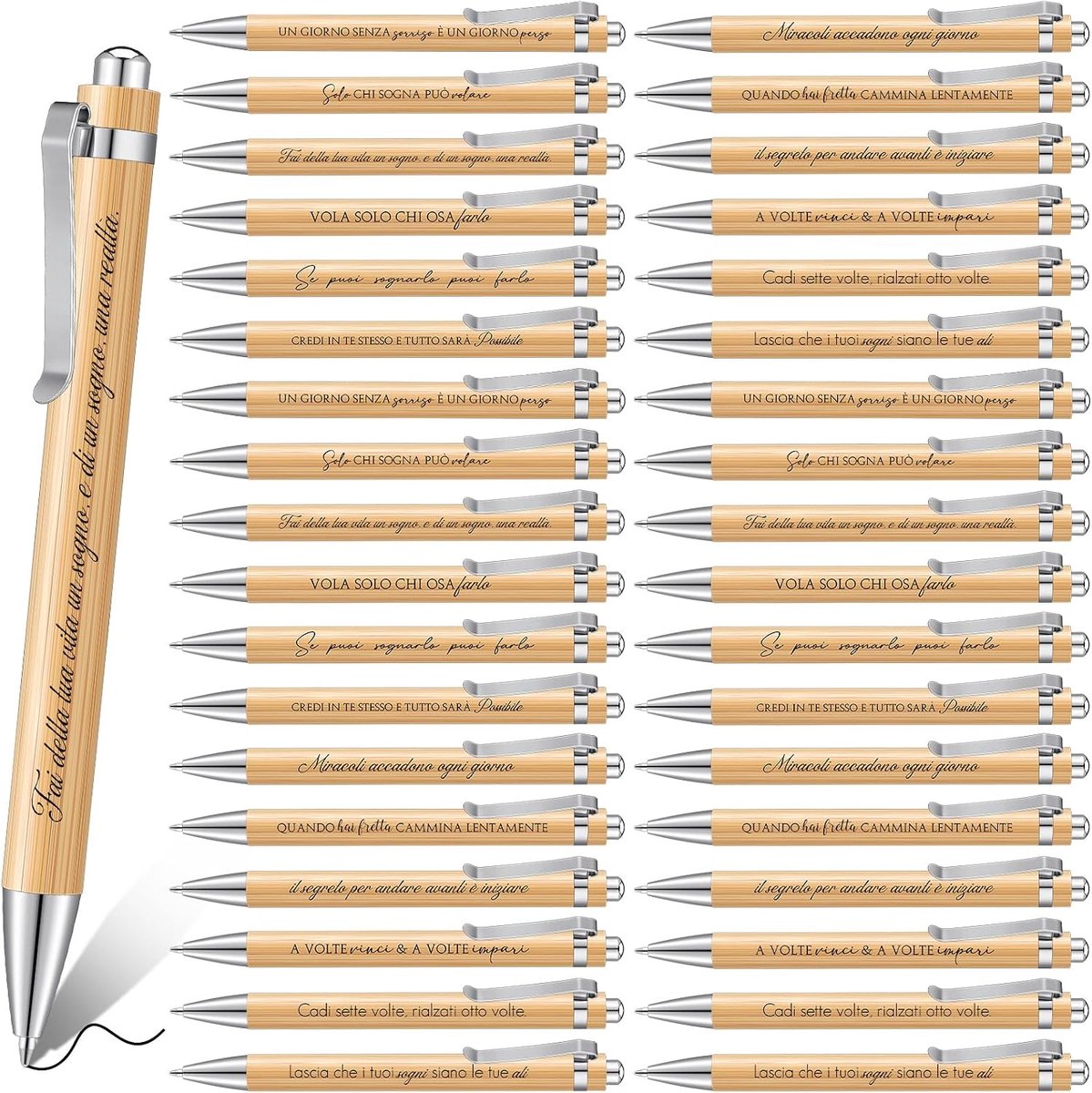36 pennen met inspirerende spreuken in de Italiaanse taal, inspirerende houten balpen van hout, geluksbrenger voor scholieren, cadeaus voor eerste schooldag, volwassen scholieren, leraren