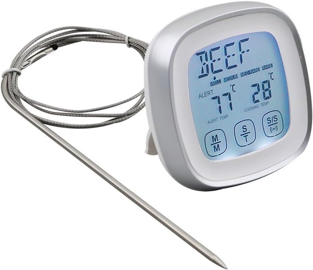 Vleesthermometer, onmiddellijke aflezing, voedselthermometer, digitaal, met timer, alarmsonde voor oven, keuken, barbecue, roker (zilver)