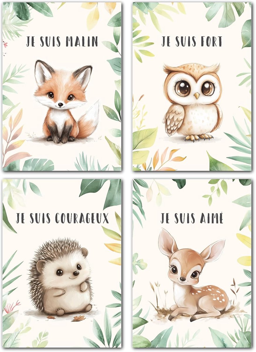 SnelShoppen - Lavema A4 Poster voor Kinderkamer, Schattige Dieren met Positieve Affirmaties, Wanddecoratie voor Jongens en Meisjes, Babykamer, Safari
