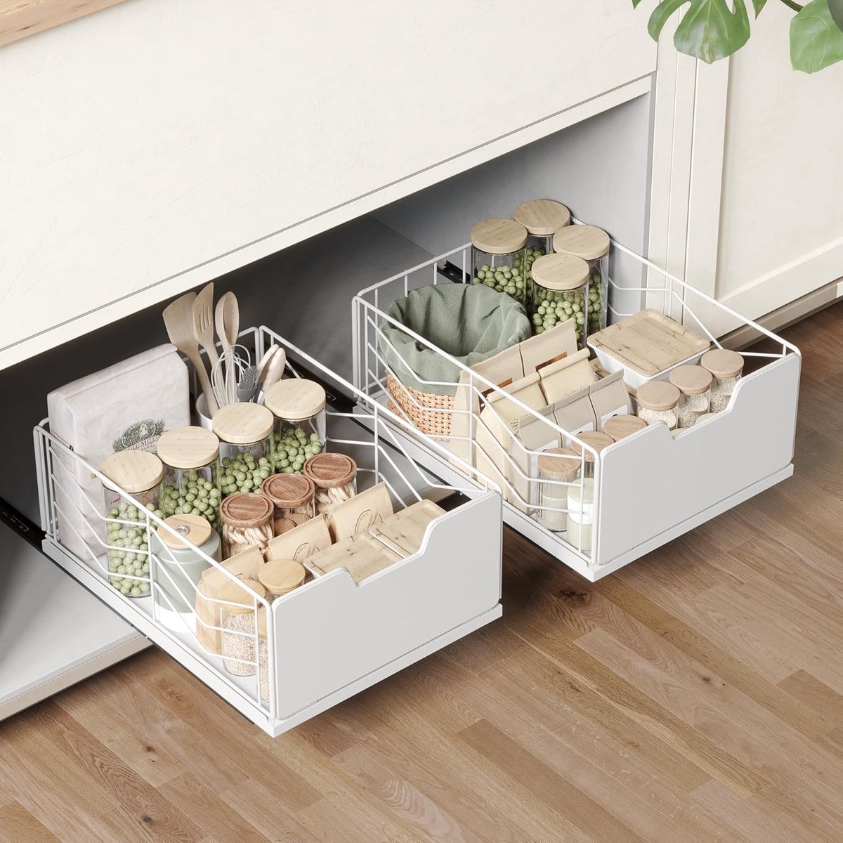 SnelShoppen - 2 Stuks Telescopische Lades met Lijm, Uittrekbare Keuken- en Badkamerorganisatie, 40x30x17.5 cm, Wit, Ideaal voor Kasten en Opbergruimte