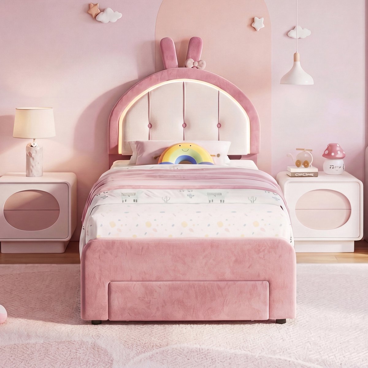 Gestoffeerd kinderbed met ledverlichting, 90 x 200 cm, prinsessenbed met 1 Lade, eenpersoonsbed met verstelbaar hoofdeinde en lattenbodem voor kinderen en volwassenen, fluweel, zonder matras (Roze Konijn)